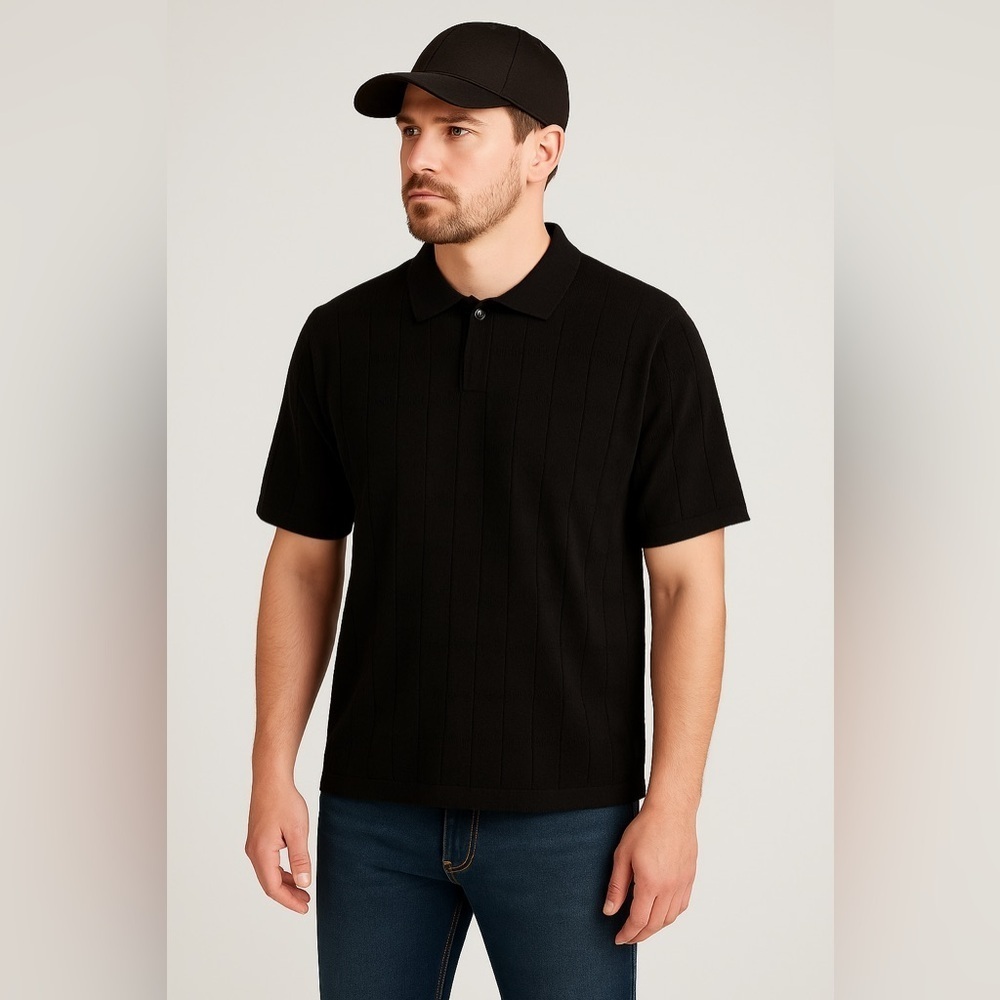 Baracuta Knit Textured Polo Shirt - Black - Size L